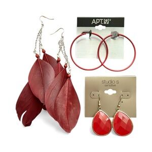 Bundle of 3 Red Statement Earrings – Feather, Hoop & Teardrop-New!